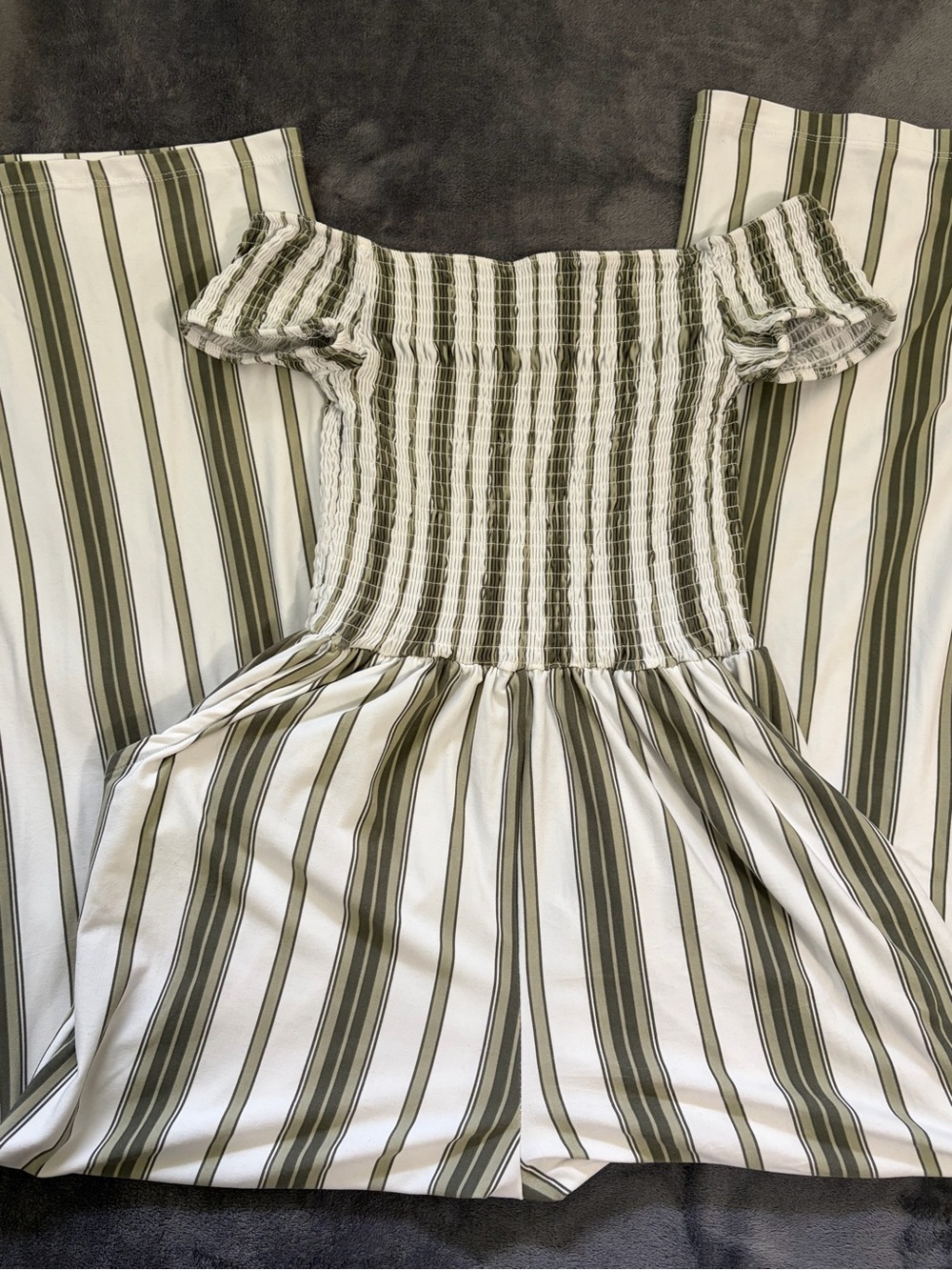 Justify Olive and White Striped Off-Shoulder Romper